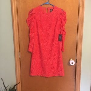 Vince Camuto Lace Dress Women Coral Pink New Puff‎ Sleeve Floral Sheath